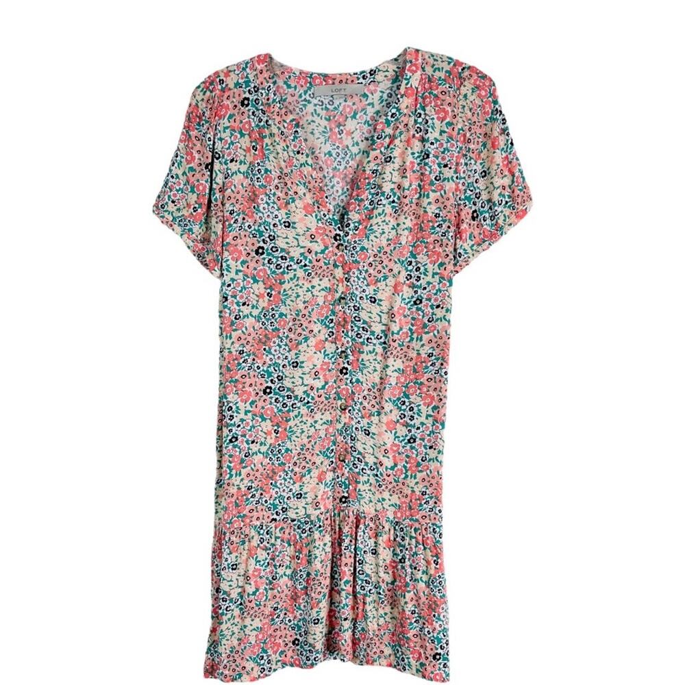 Loft peach green white floral button cottagecore preppy midi dress oversized XS